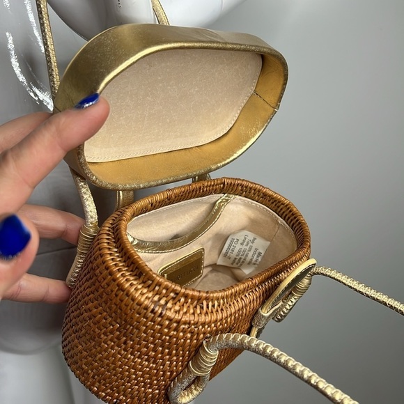 Elliot Lucca Tightly Woven Straw and Gold Leather Small Structured Basket Bag - Picture 10 of 10